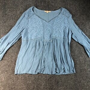 Magnolia Lane Blue Floral Lace Embroidered Long Sleeve Boho Tunic Top